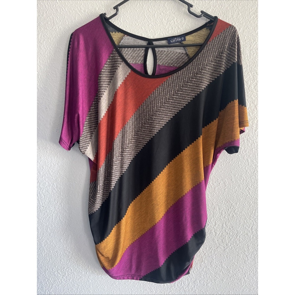 Lavish Top Women's Size L Colorful Diagonal Stripe Dolman Short Sleeve Keyhole